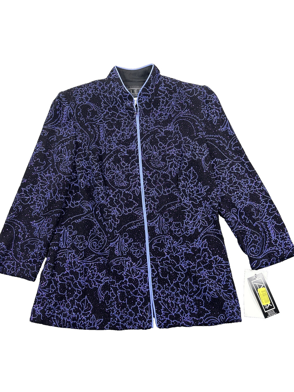 Alex Evening S NWT Black Knit Zip Front Top 3/4 Sleeve Purple Metallic Floral